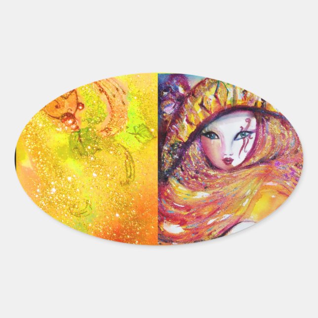 ADESIVO OVAL MÁSCARA CARNIVAL NO AMARELO DOURADO COM ROSA VERME (Frente)