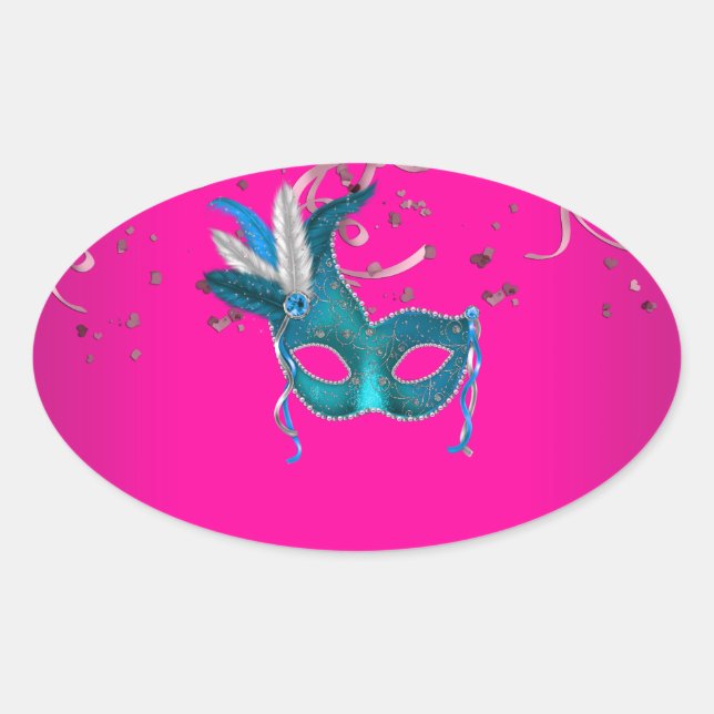 Adesivo Oval Máscara de Carnaval Rosa e Azul Turquesa (Frente)