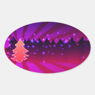 Adesivo Oval Máscaras das árvores de Natal do roxo