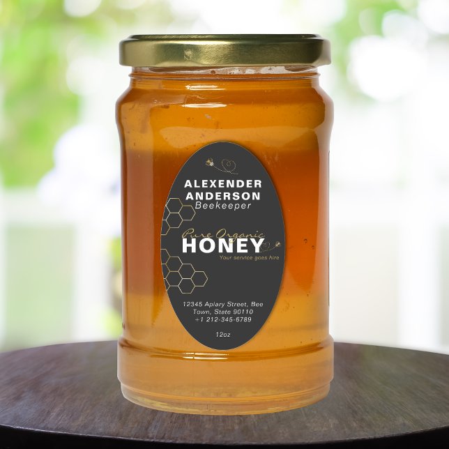 Adesivo Oval Mel Moderno Abelhas Douradas Preto (Modern Honey Bees Gold Honeycomb Black Oval Sticker)