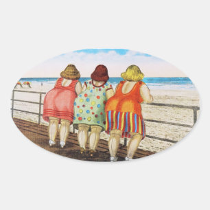 Adesivo Oval Meninas assentadas gordas do vintage na praia