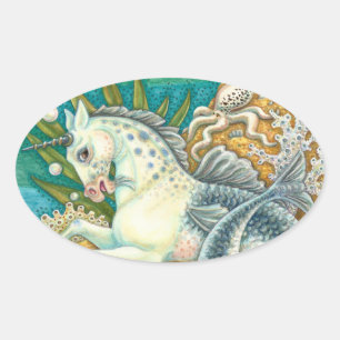 ADESIVO OVAL MERHORSE E OCTOPUS BRANCO, FANTASY UNICORN HORSE