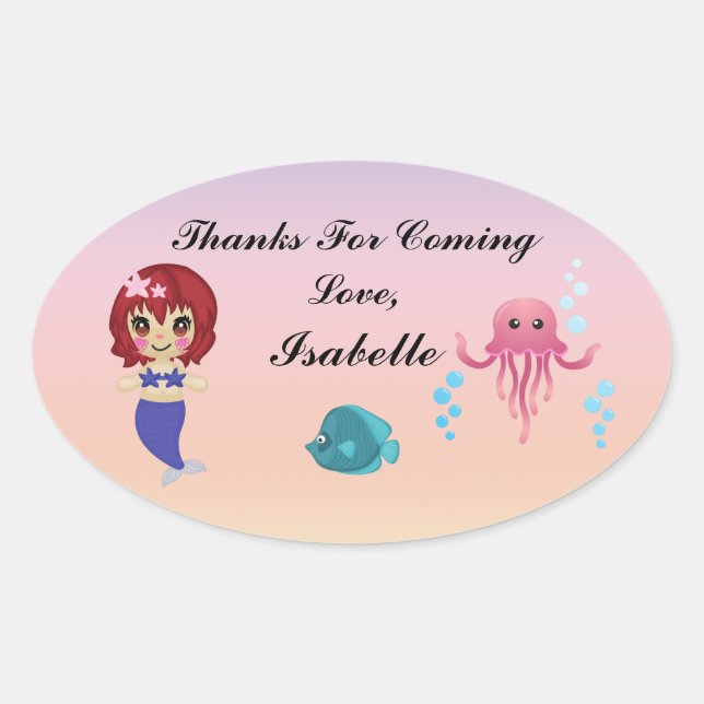 Adesivo Oval Mermaid Party Obrigado Sticker (Frente)