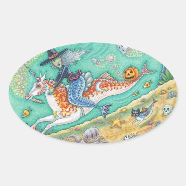 ADESIVO OVAL MERMAID WITCH, HALLOWEEN MERHORSE FANTASY STICKERS (Frente)