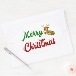 Adesivo Oval Merry Christmas Flying Reindeer red green script