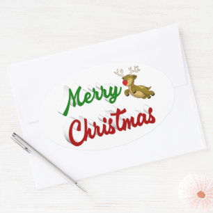 Adesivo Oval Merry Christmas Flying Reindeer red green script