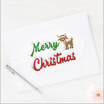 Adesivo Oval Merry Christmas Reindeer red green script<br><div class="desc">Vestidos com Feliz Natal em texto verde e vermelho 3D e renas de Natal. Os adesivos estão disponíveis em várias formas.</div>