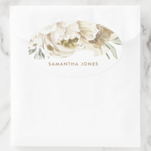 Adesivo Oval Minimalista Moderna Peônia Floral Aquarela Branca