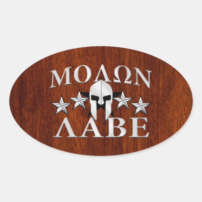 Adesivo Oval Molon Labe Spartan Helmet 5 estrelas Estilo Mahoga (Frente)