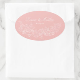 Adesivo Oval Monograma de Casamento Rosa Bege Ornamentação Clás