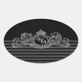 Adesivo Oval Monograma de Emblema Regual de Leão de Prata Negra
