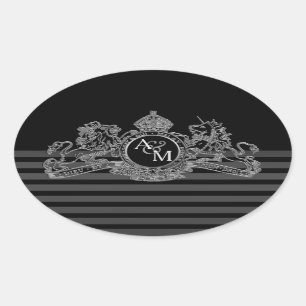 Adesivo Oval Monograma de Emblema Regual de Leão de Prata Negra