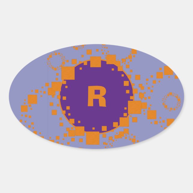Adesivo Oval Monograma Laranja Inicial Círculo Roxo Quadrados A (Frente)