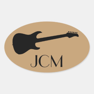 Adesivo Oval Monograma Modern Black Electric Guitar, Camel Brow