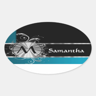 Adesivo Oval Monograma preto e prateado personalizado