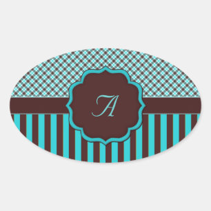 Adesivo Oval Monograma Tartan Oval Sticker, Lt teal e Brown