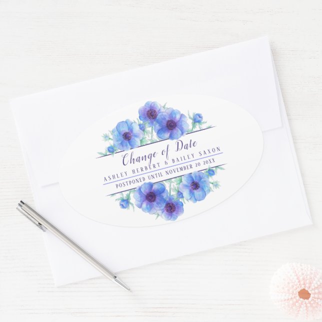 Adesivo Oval Mudança de data casamento azul anêmona adiada (Envelope)