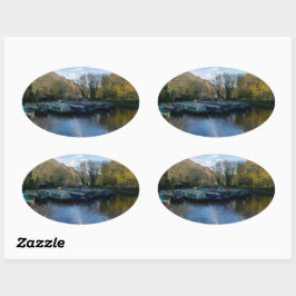 Adesivo Oval Narrowboats Moored at Salterhebble Basin