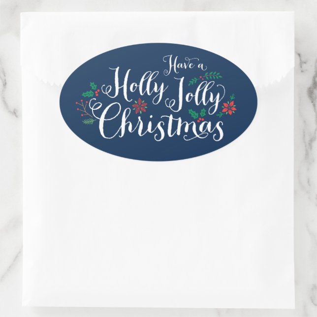 Adesivo Oval Natal Alegre e Feliz Azul Marinho Script (Bolsa)