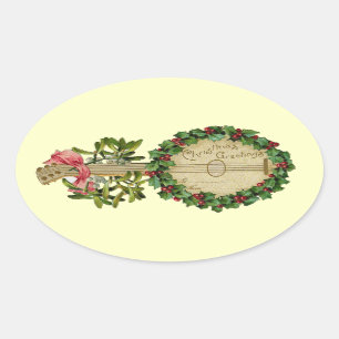 ADESIVO OVAL NATAL BANJO COM MISTLETOS E HOLLY BERRIES