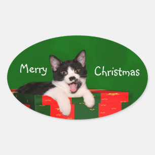 Adesivo Oval Natal do gato do smoking