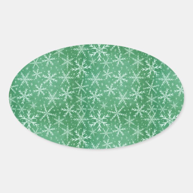 Adesivo Oval Natal Inverno Neve Flocos de Neve Caindo Verde (Frente)