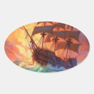 Adesivo Oval Navio De Velas Em Um Mar Tempestade