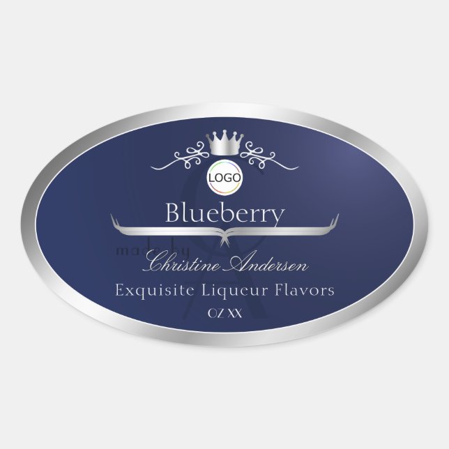 Adesivo Oval Navy Blue Product Label Silver Frame Logo Monogram (Frente)