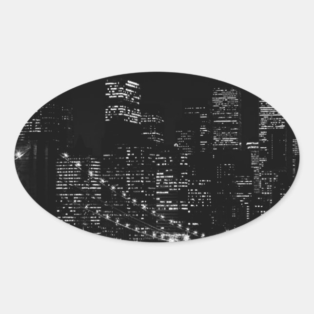 Adesivo Oval Noite de Nova Iorque preto e branco (Frente)