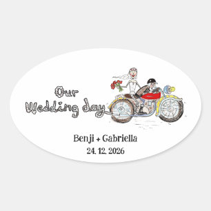 Adesivo Oval Noiva e Noivo de Moto Casamento