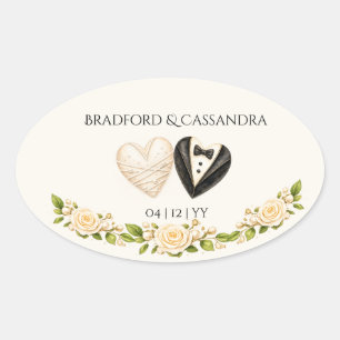 Adesivo Oval Noiva Noivo Coração Floral Nome Data Personalizado