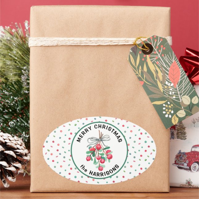 Adesivo Oval Nome, Feliz Natal, Mistletoe Candy Pattern (Feriado)