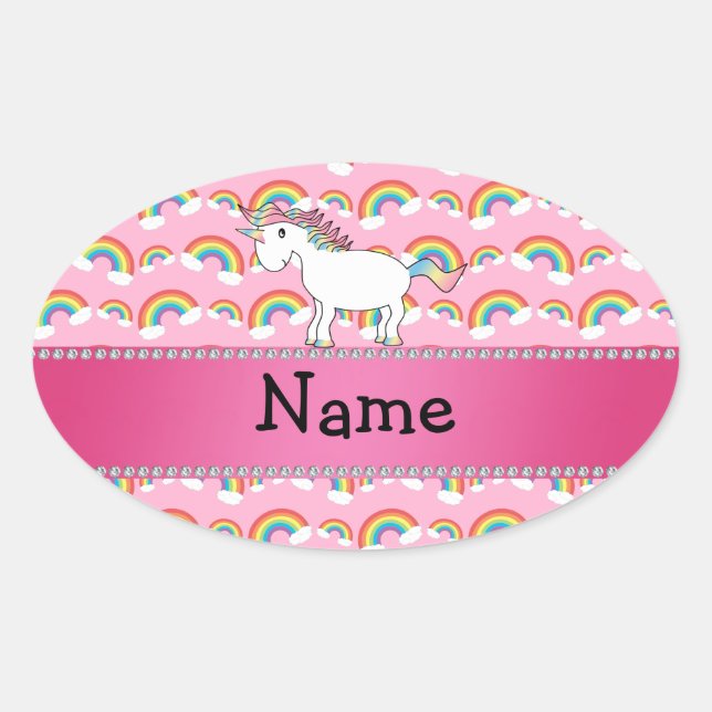 Adesivo Oval Nome personalizado arco-íris cor-de-rosa unicórnio (Frente)