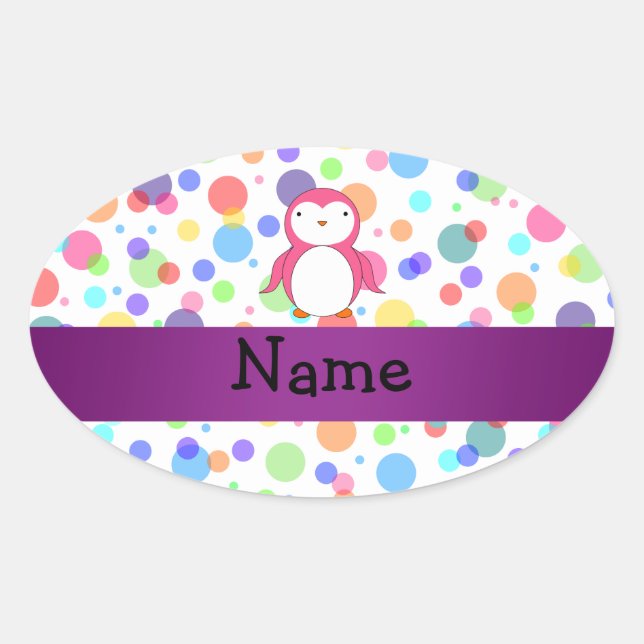 Adesivo Oval Nome personalizado bolinhas cor-de-rosa do arco-ír (Frente)