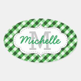 Adesivo Oval Nome Personalizado do Padrão Gingham Verde Elegant