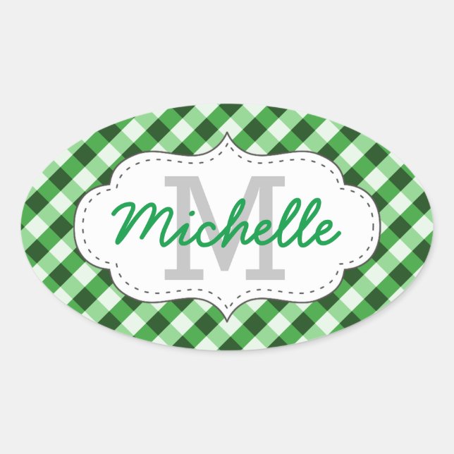 Adesivo Oval Nome Personalizado do Padrão Gingham Verde Elegant (Frente)