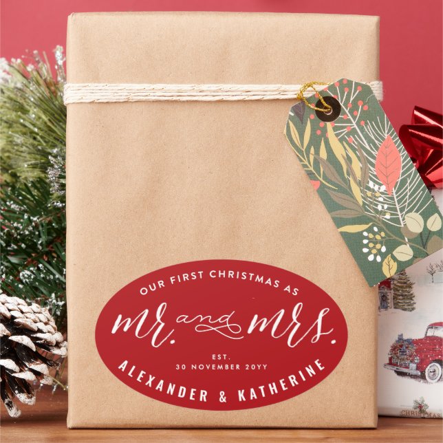 Adesivo Oval Nosso Primeiro Natal como Sr. e Sra. Casamento de  (Feriado)