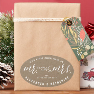 Adesivo Oval Nosso Primeiro Natal Como Sr. e Sra. Kraft Casamen
