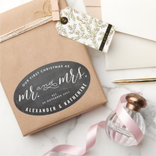 Adesivo Oval Nosso Primeiro Natal Como Sr & Sra Quadro de Giz C