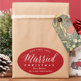 Adesivo Oval Nosso Primeiro Natal Muito Casado Sr & Sra Casamen