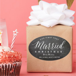 Adesivo Oval Nosso Primeiro Natal Muito Casado Sr & Sra Casamen