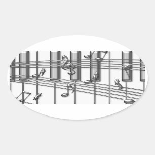 Adesivo Oval Notas da música da prata do teclado de piano