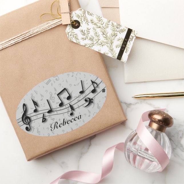 Adesivo Oval Notas musicais personalizadas de preto e Cinza (Presentear)