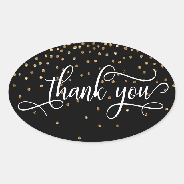 Adesivo Oval Obrigado Elegante Script, Confete Dourado em Preto (Frente)