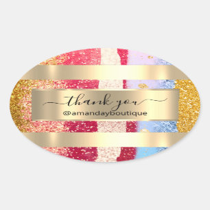 Adesivo Oval Obrigado Por Comprar Boutique Glitter Dourado Rosa