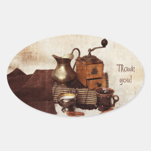 Adesivo Oval Os feijões de café e o moinho de café velho
