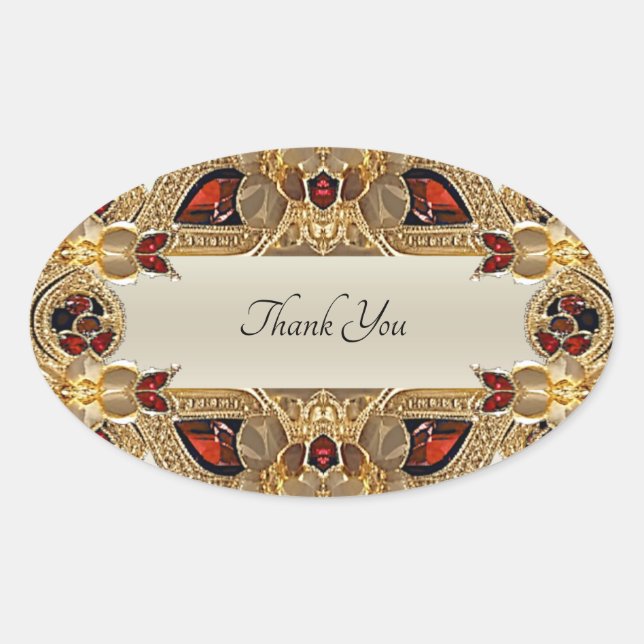 Adesivo Oval Ouro Flores Vinheta-Vedante Vermelho Gemstone (Frente)
