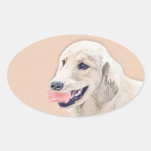 Adesivo Oval Ouro Retriever com Tênis Ball Painting Dog Art