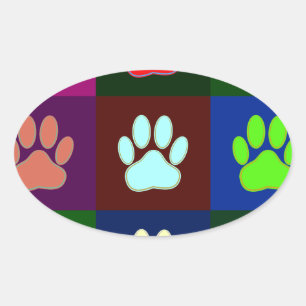 Adesivo Oval Padrão de Impressão de Pata de Cachorro Multicolor