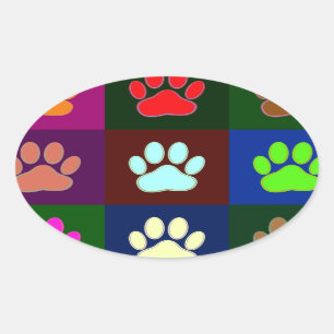 Adesivo Oval Padrão de impressão de pata de cão multicolorido